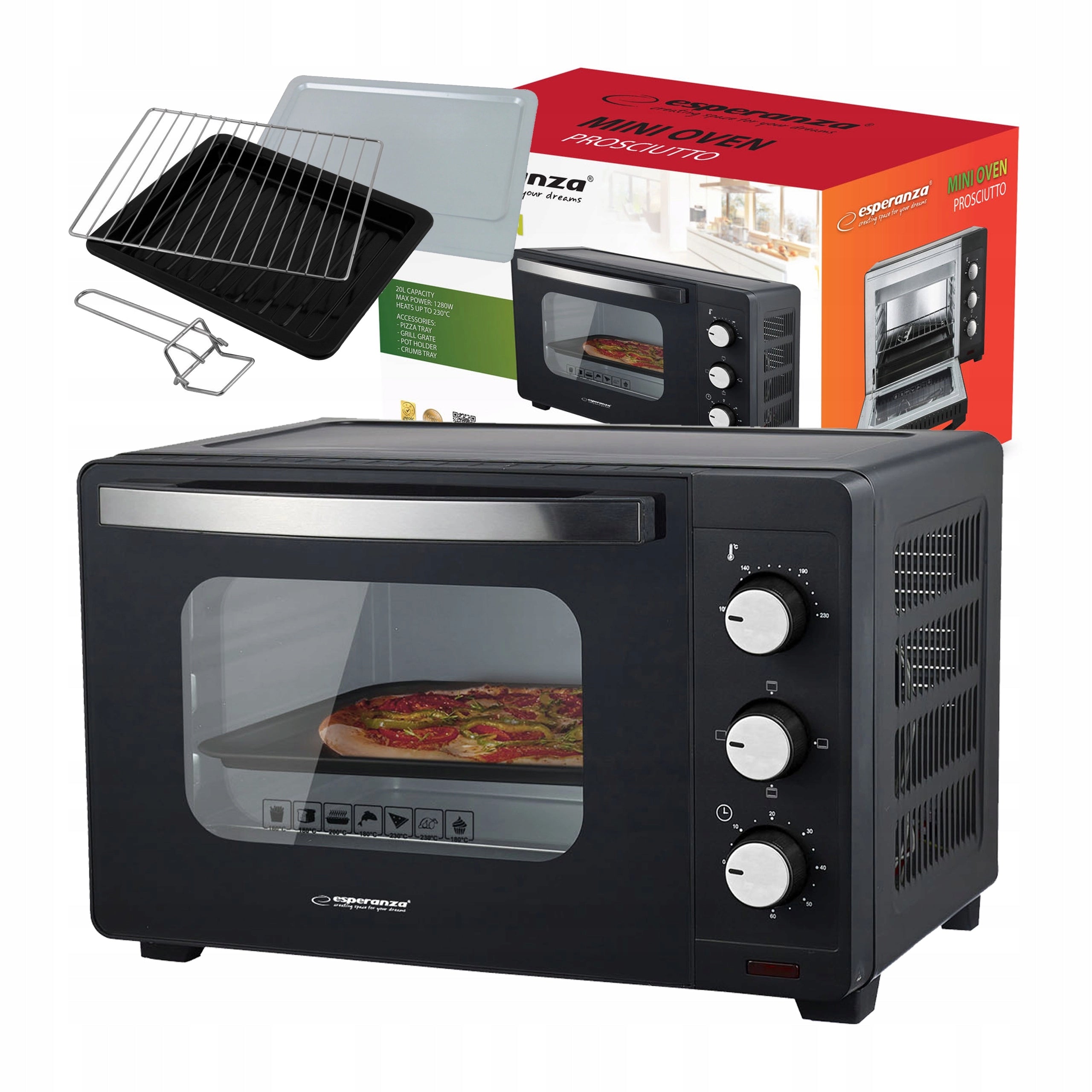ELECTRIC OVEN TIMER MINI 20L 1280W TOP DOWN 250°C + GRATE TRAY