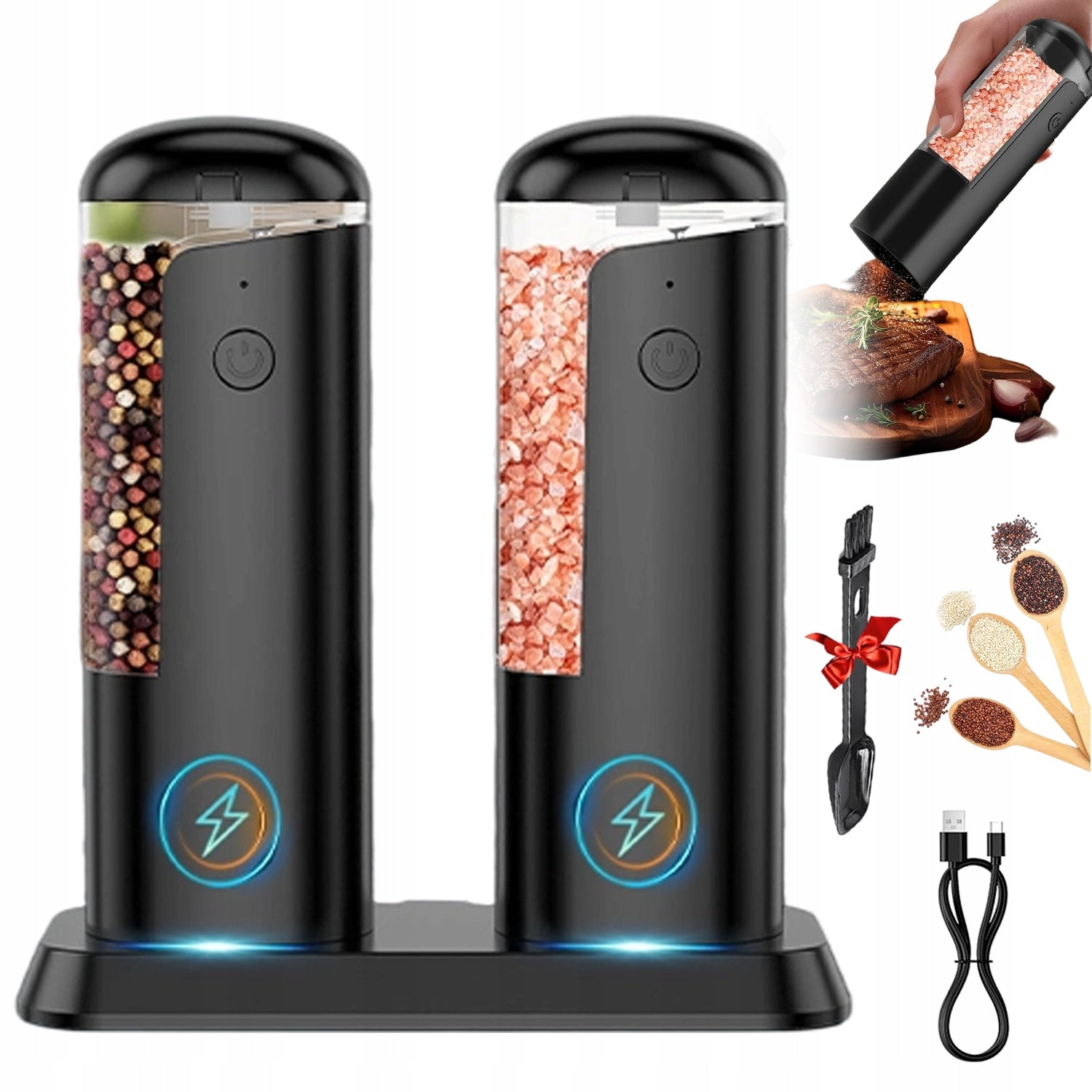 ELECTRIC PEPPER AND SALT GRINDER SET OF 2 USB RECHARGEABLE STAND Brand Bedee