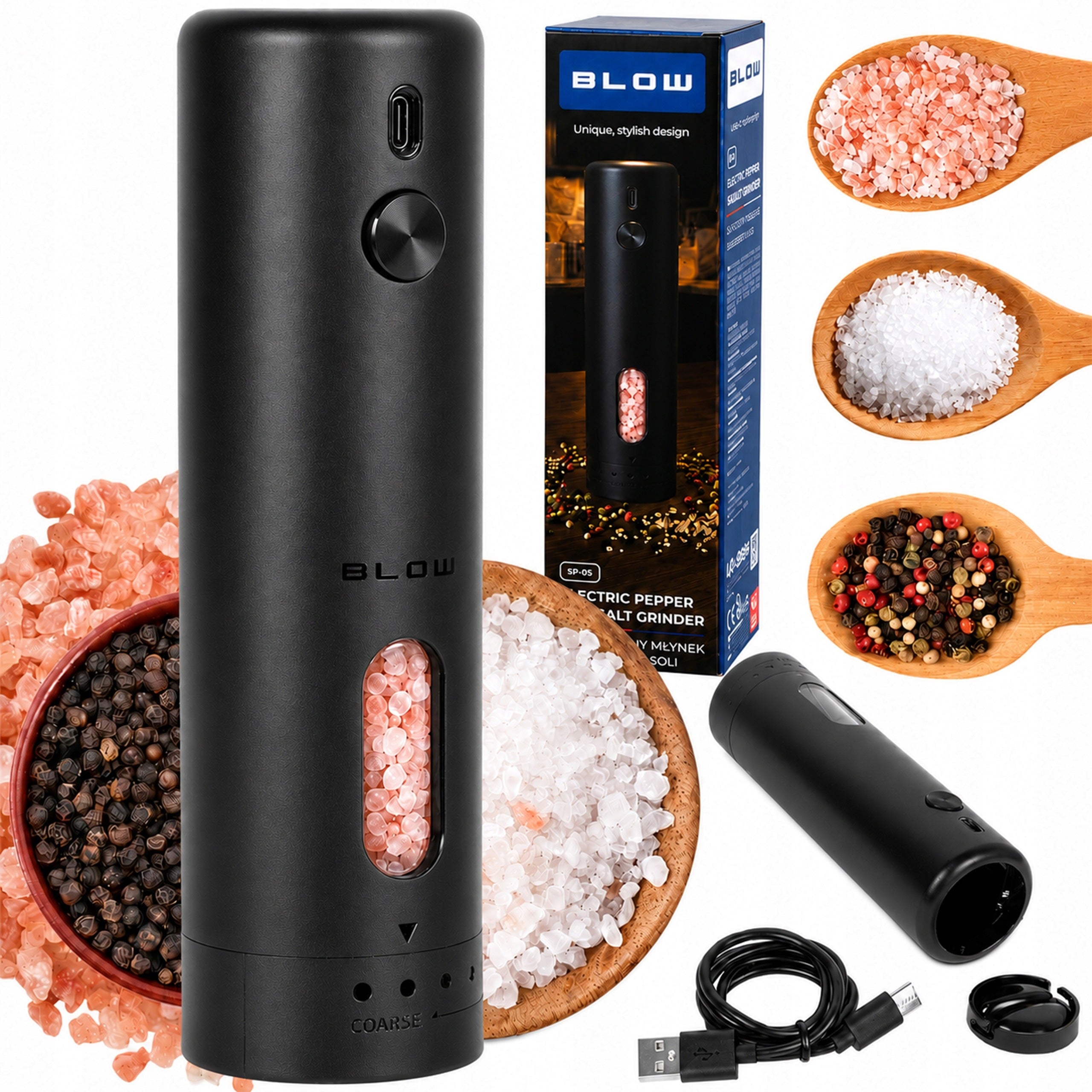 ELECTRIC PEPPER AND SPICE SALT GRINDER CORDLESS USB ADJUSTMENT