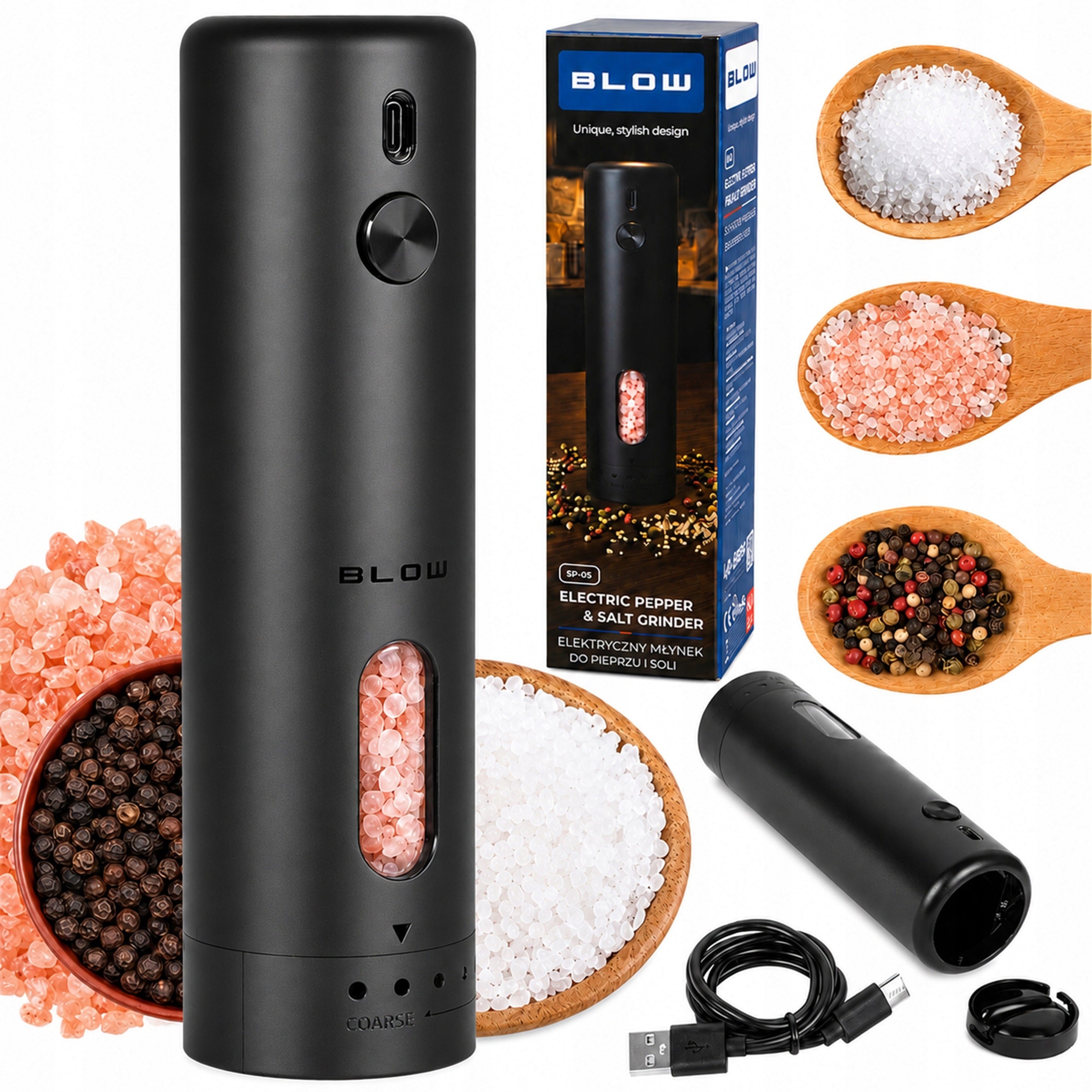 ELECTRIC PEPPER AND SPICE SALT GRINDER CORDLESS USB ADJUSTMENT