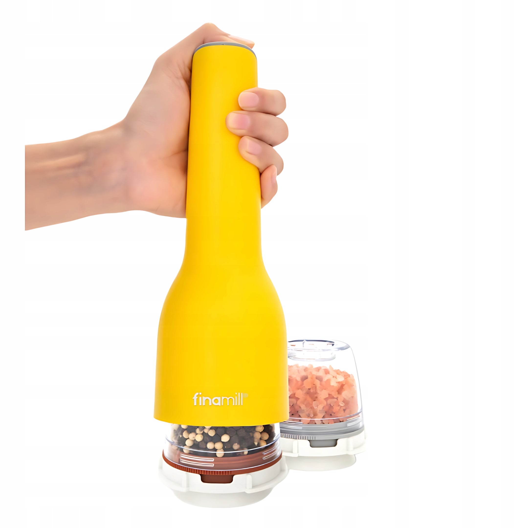 ELECTRIC PEPPER GRINDER SALT SPICES+2 CONTAINERS FINAMILL YELLOW USB Packaging status original