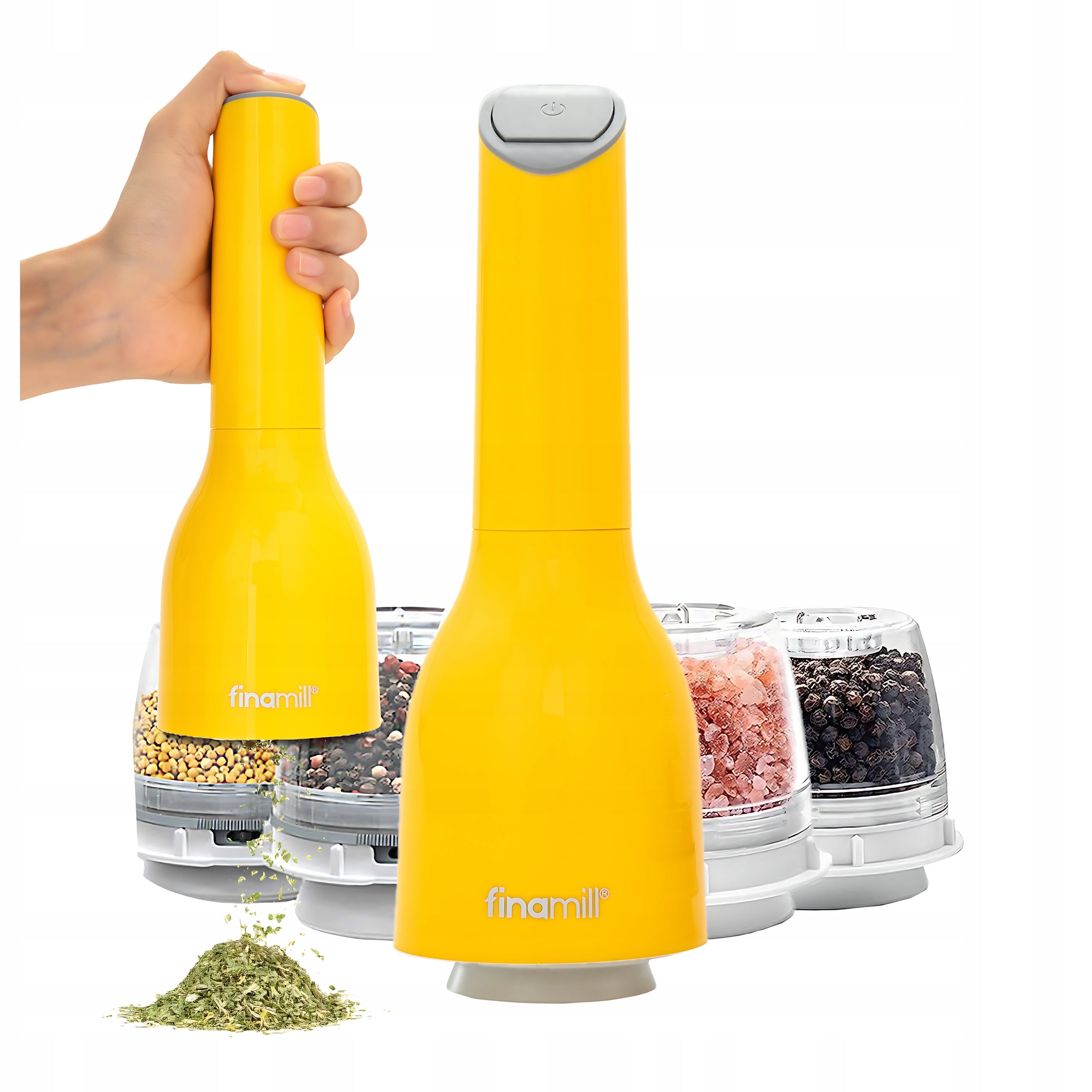 ELECTRIC PEPPER GRINDER SALT SPICES+2 CONTAINERS FINAMILL YELLOW USB
