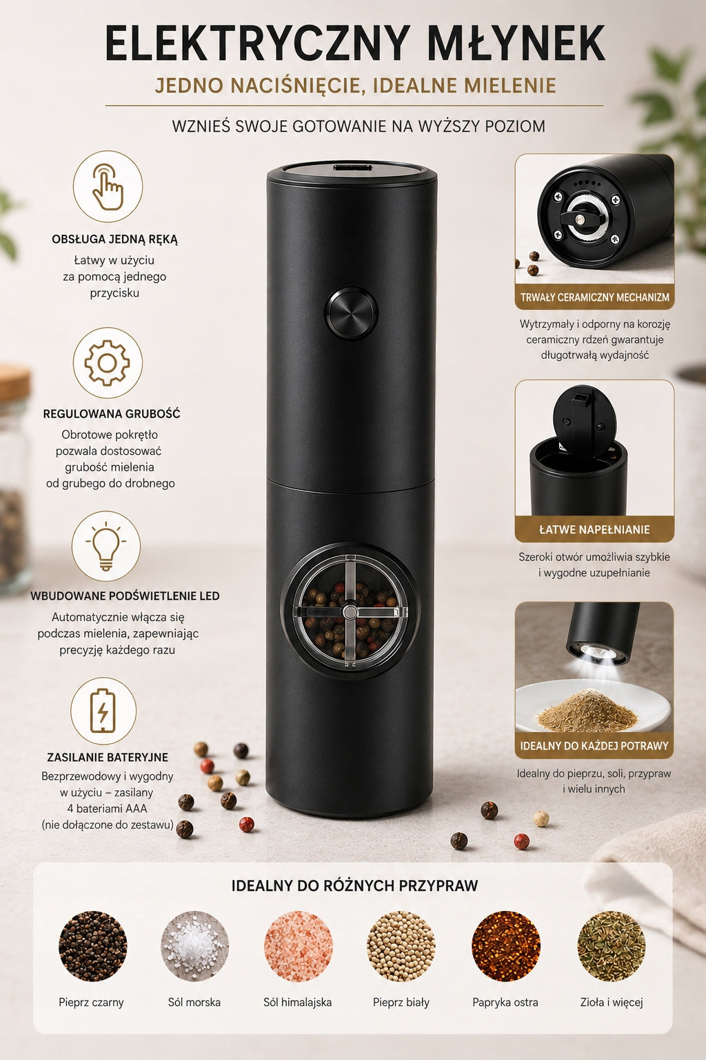 ELECTRIC PEPPER, SALT AND SPICE GRINDER WITH ADJUSTABLE GRINDING Packaging status original