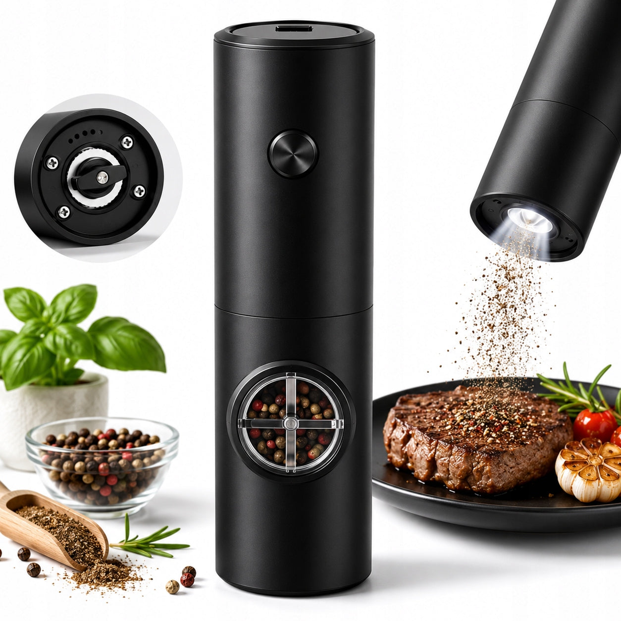 ELECTRIC PEPPER, SALT AND SPICE GRINDER WITH ADJUSTABLE GRINDING