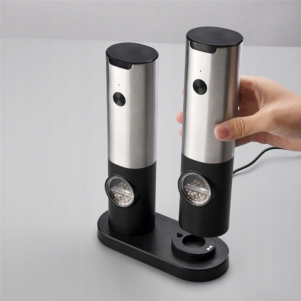 ELECTRIC PEPPER SALT GRINDER BLACK RECHARGEABLE BATTERY WITH USB SET OF 2 Packaging status original