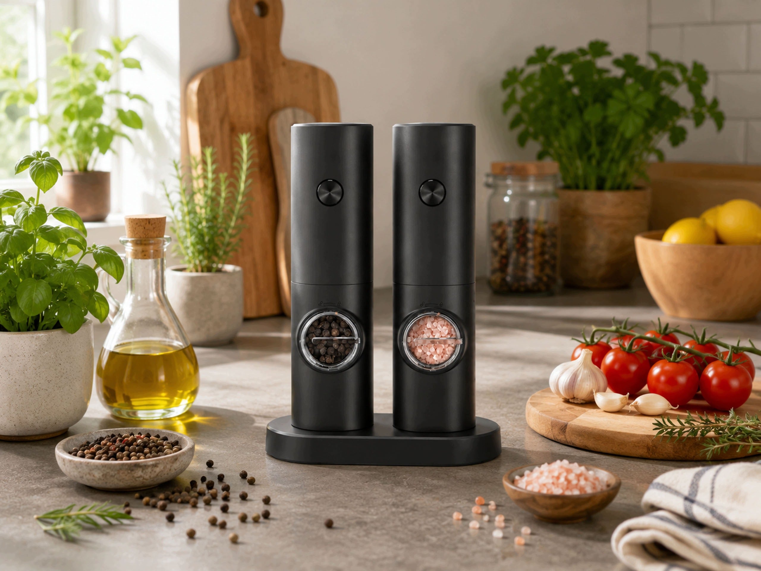 ELECTRIC PEPPER SALT SPICE GRINDER SET OF 2 WITH BASE STAND Packaging status original