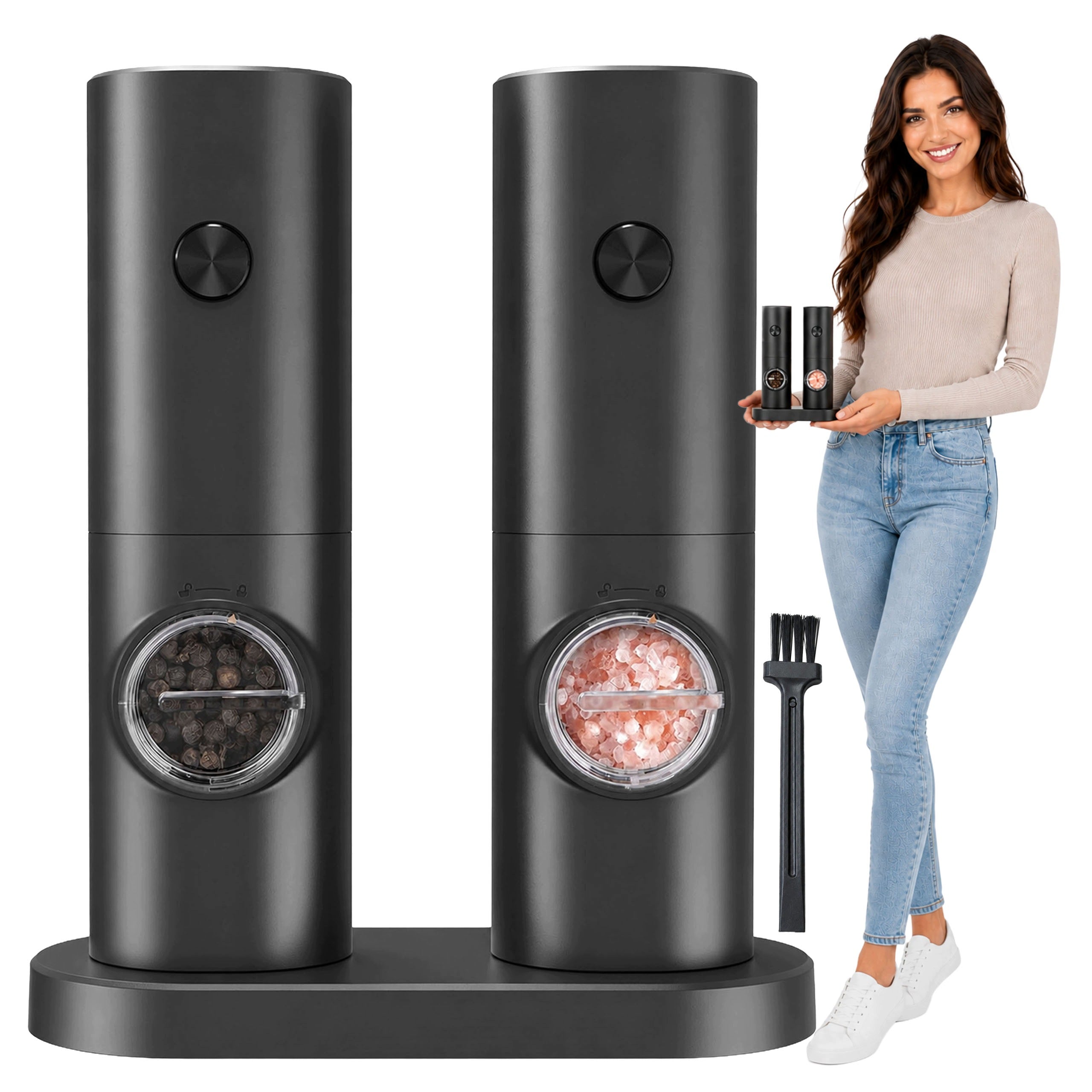 ELECTRIC PEPPER SALT SPICE GRINDER SET OF 2 WITH BASE STAND