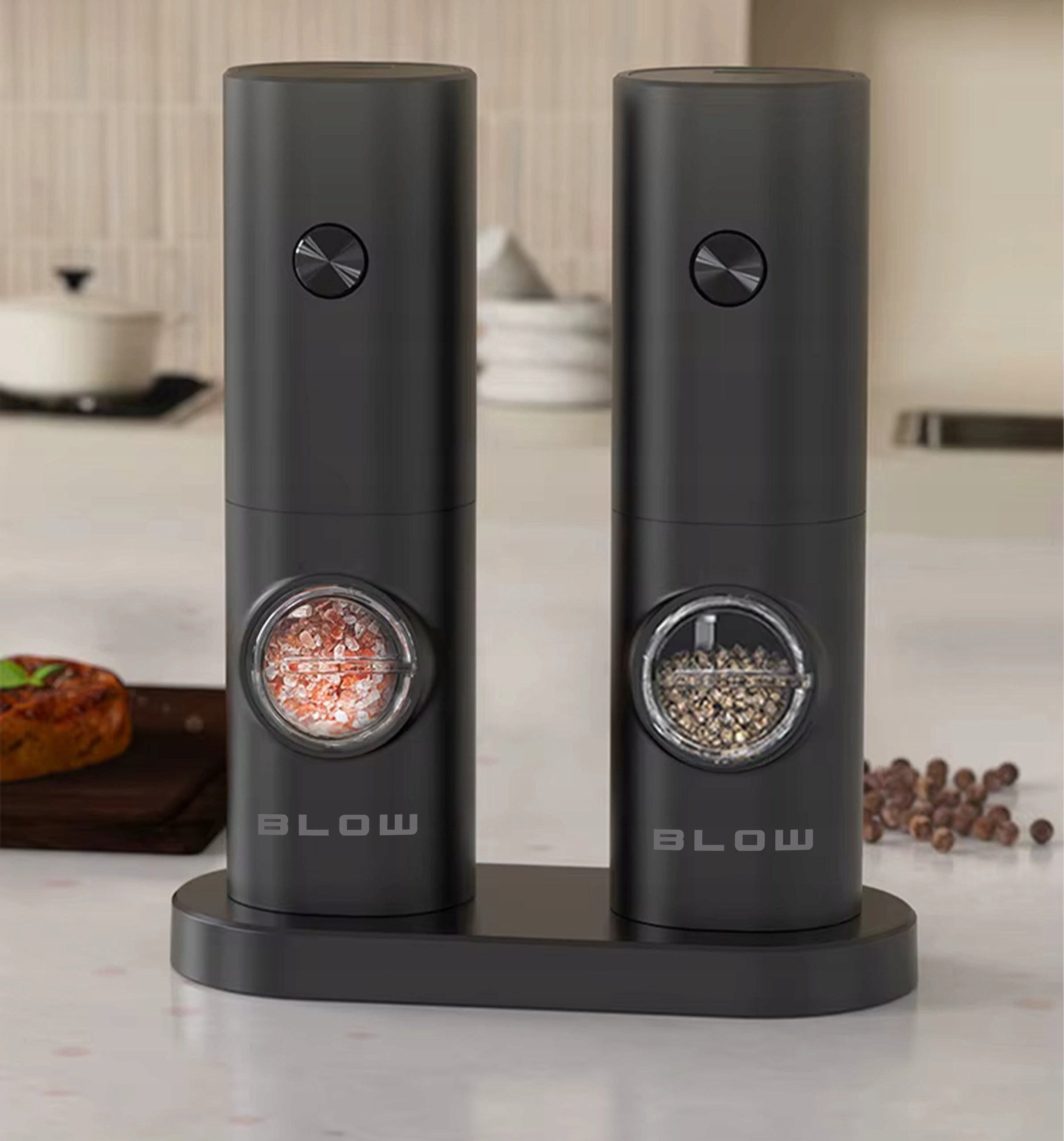 ELECTRIC SALT AND PEPPER GRINDER SPICES ADJUSTABLE STAND SET x2 Packaging status original
