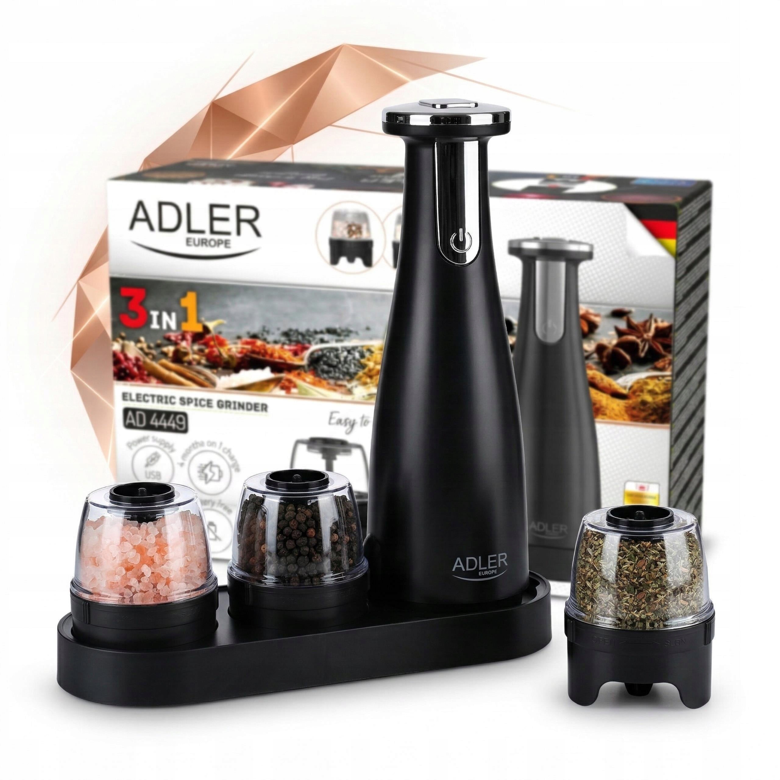 ELECTRIC SALT AND PEPPER GRINDER USB 3in1 3 CONTAINERS GRINDING ADJUSTMENT
