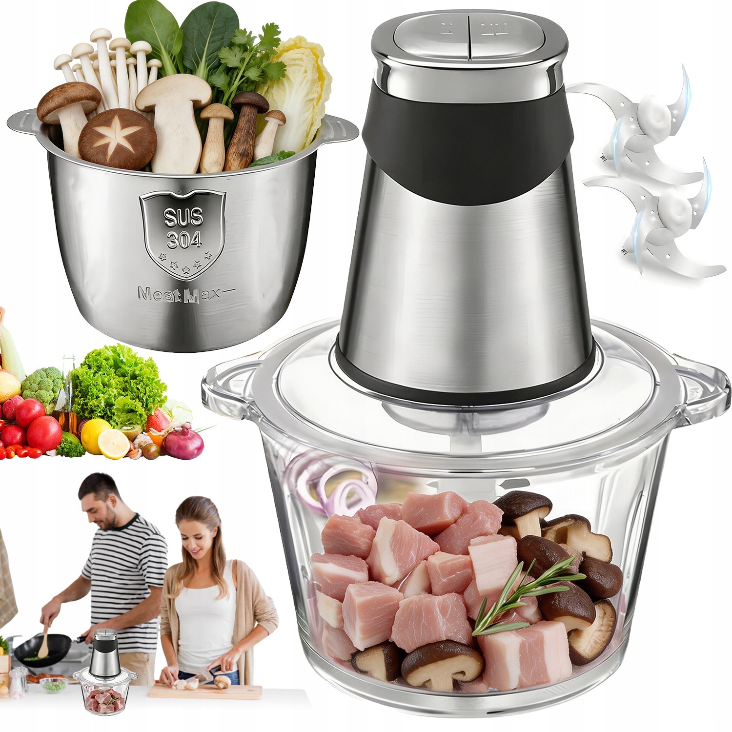 ELECTRIC SHREDDER 500W 2 LIDS 2 BLADES FOR HOME KITCHEN
