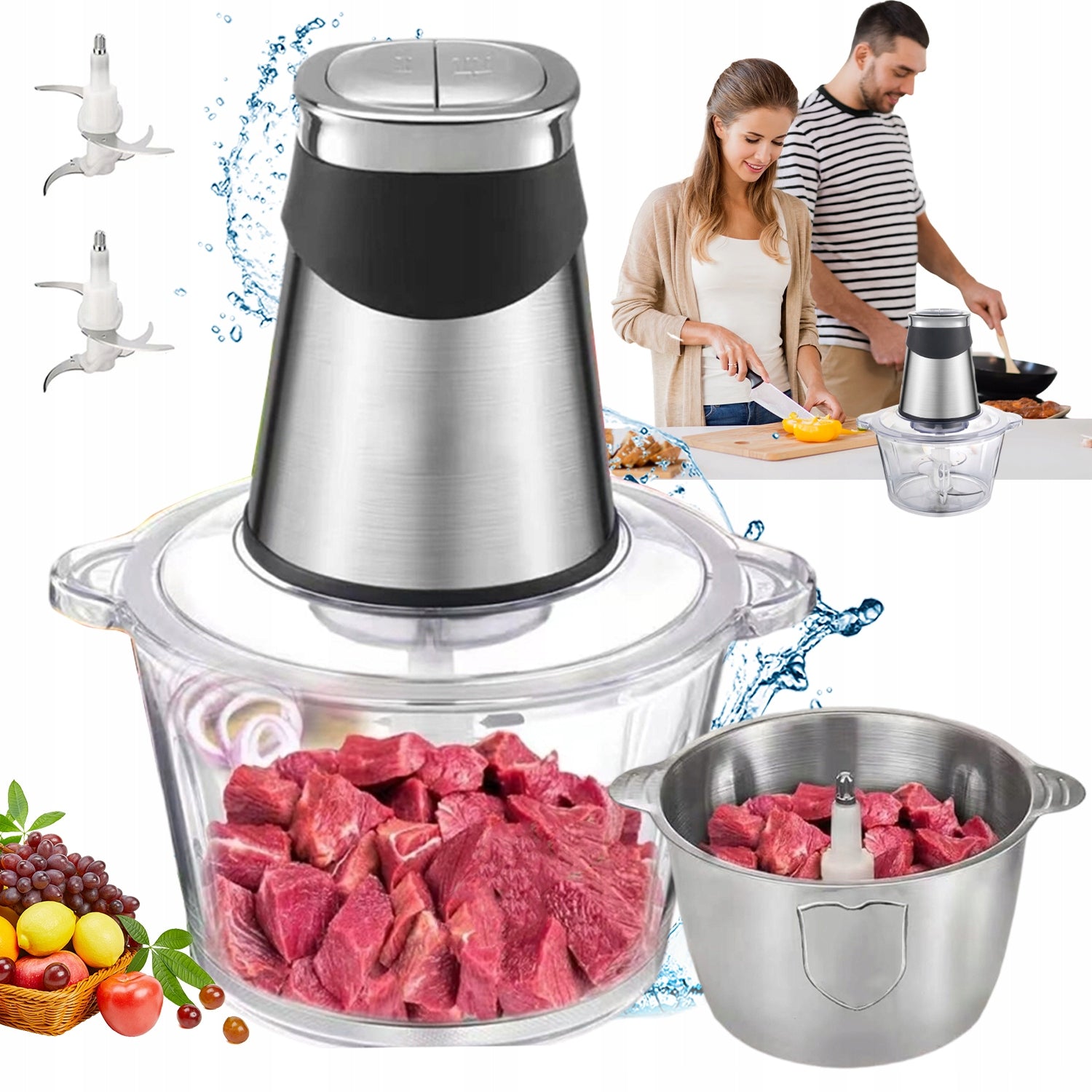 ELECTRIC SHREDDER FOR FRUIT VEGETABLE MEAT 2 BLADES 2 BOWLS 500W 2L