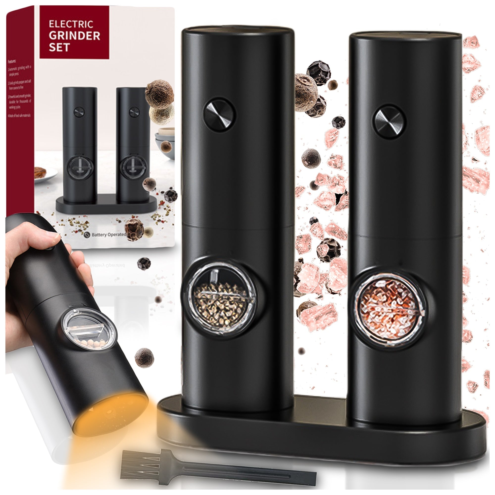 ELECTRIC SPICE PEPPER SALT GRINDER SET OF 2PCS ADJUSTABLE STAND