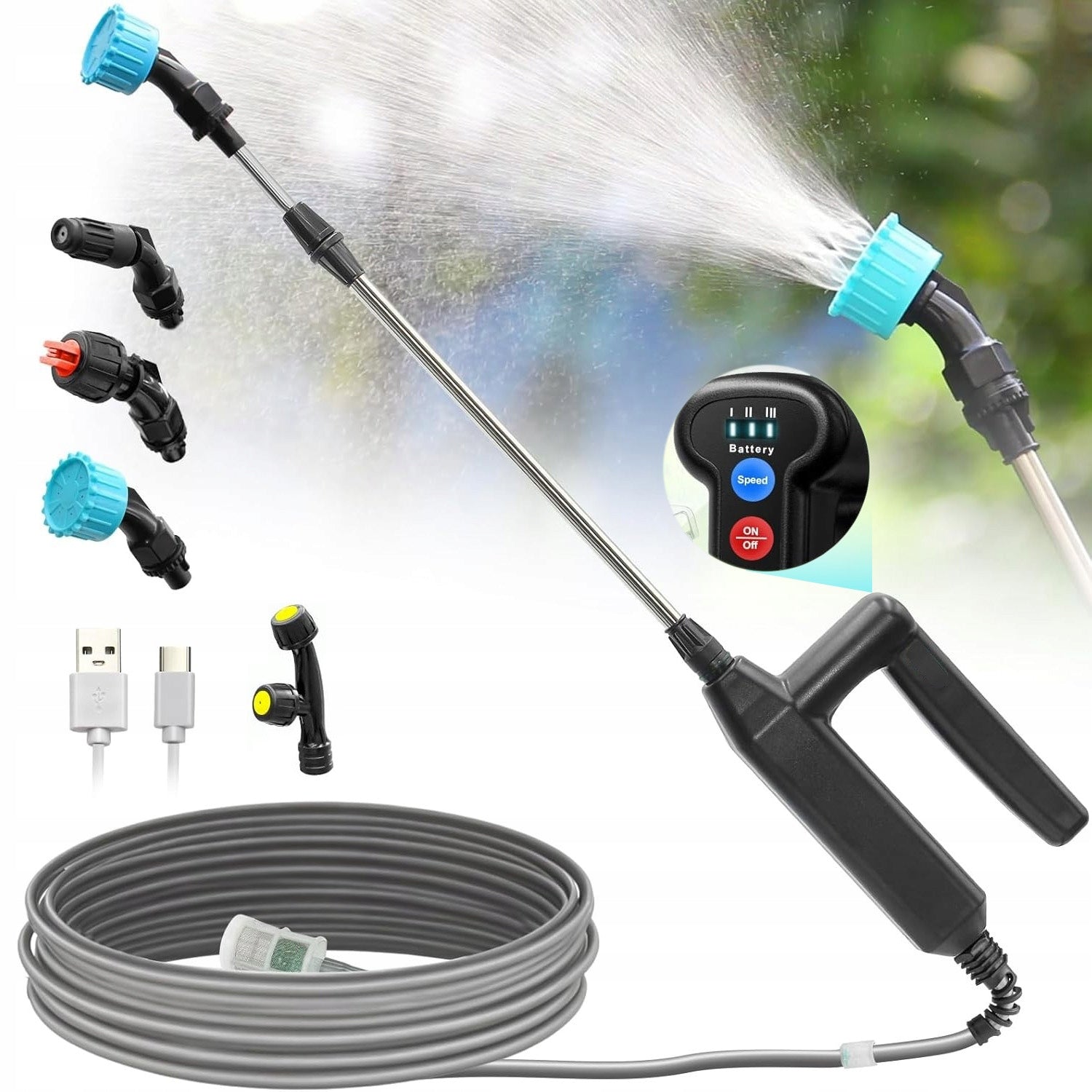 ELECTRIC TELESCOPIC GARDEN SPRAYER WITH 3 SPEEDS 4 NOZZLES