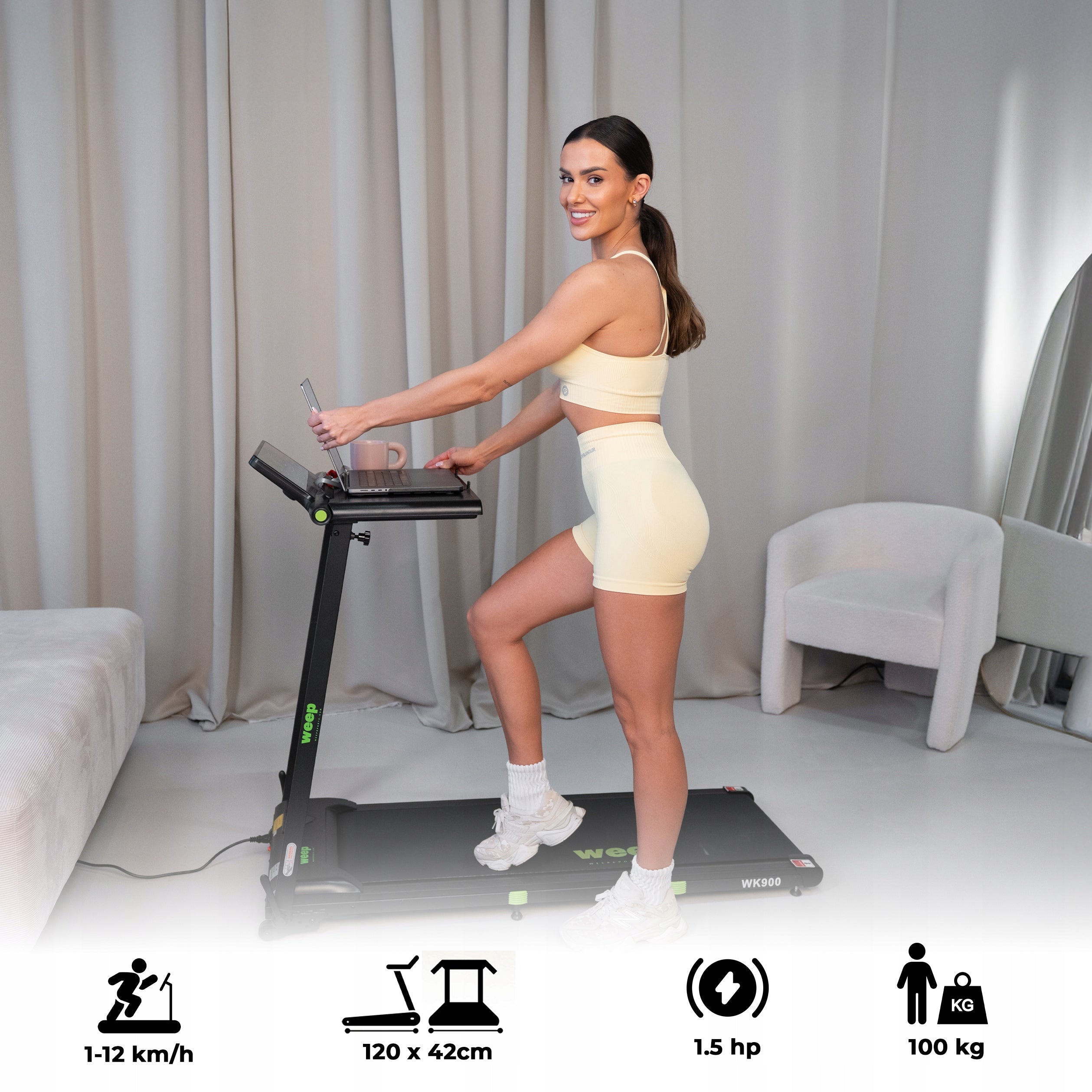 ELECTRIC TREADMILL FOLDING WEEP WORK 2 DEGREES INCLINE. FOR LAPTOP 12km/h Manufacturer code Bieżnia Elektryczna Weep Work z Amortyzacją