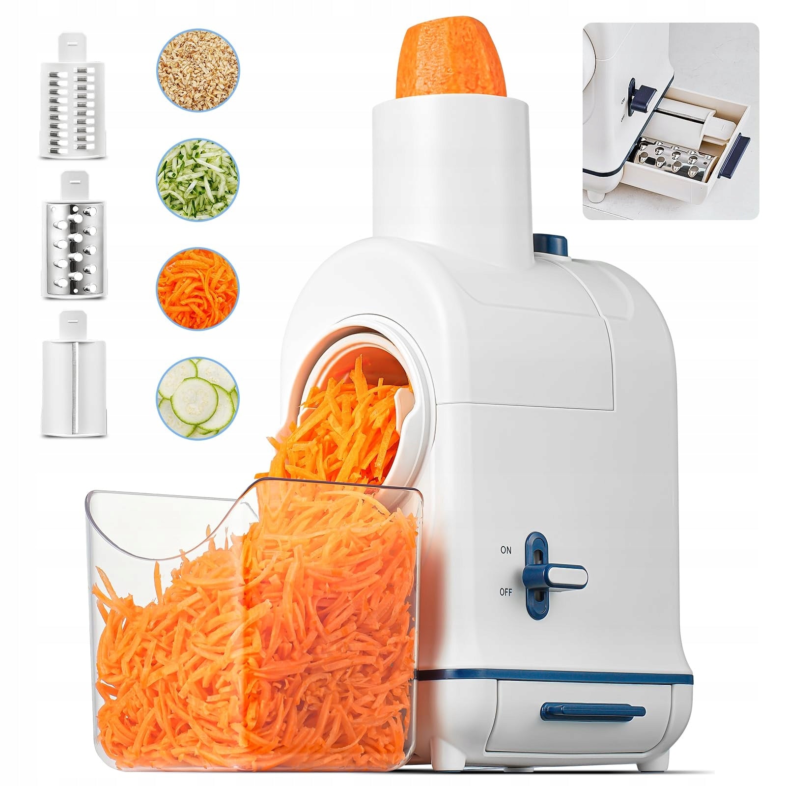 ELECTRIC VEGETABLE CHEESE GRATER SLICER LARGE HOLE MOTOR 3 CARTRIDGES
