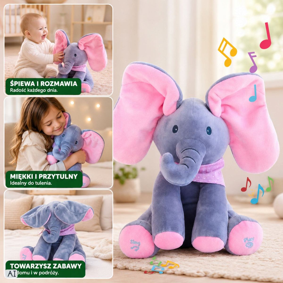 ELEPHANT SINGING PLUSH TOY INTERACTIVE ELEPHANT FOR BABY GIFT Manufacturer code Garden_Maker_słonik_różowy