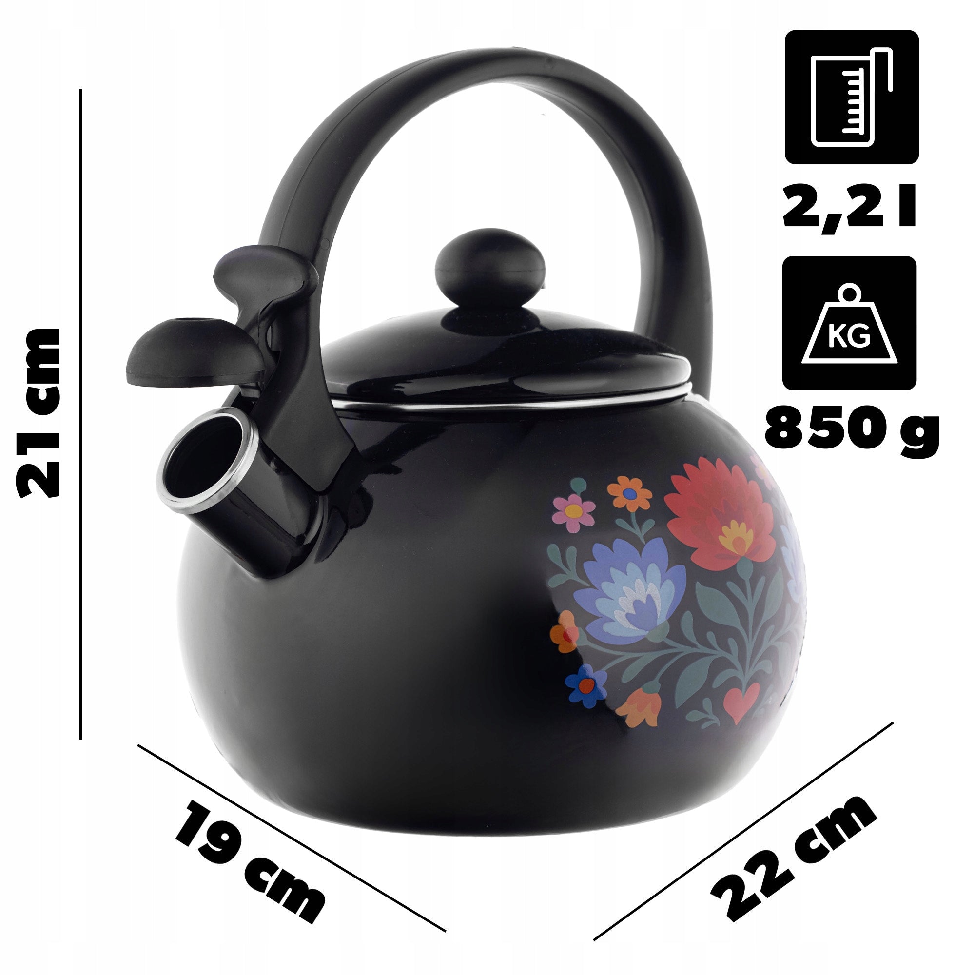 ENAMEL KETTLE WITH WHISTLE 2,2L HANDLE INDUCTION GAS FOLK BLACK GIFT Manufacturer code K16975