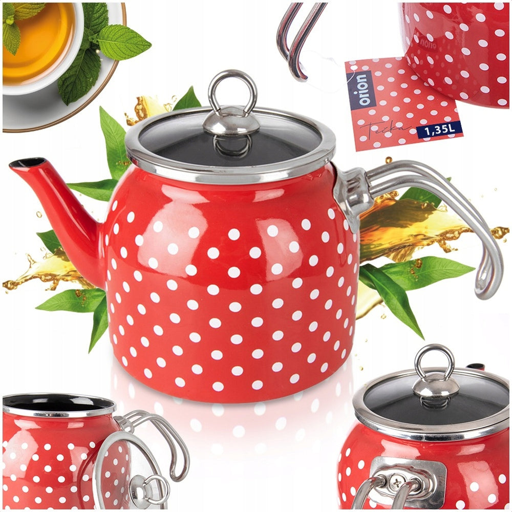 ENAMEL Kettle for boiling water for water teapot jug WITH DOTS 1,1L