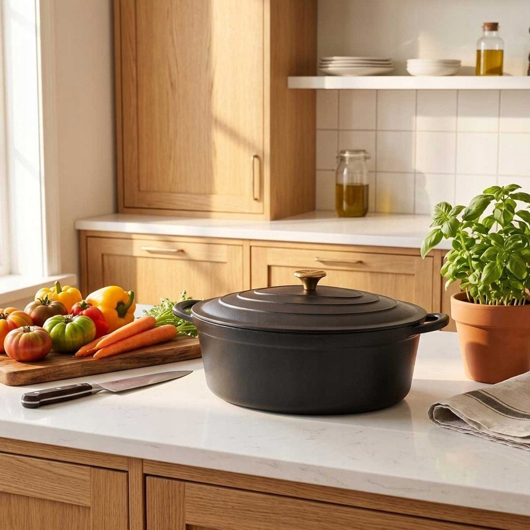 ENAMELLED CAST IRON PAN GOOSEBERRY 6L HAGE BLACK MATT Packaging status original