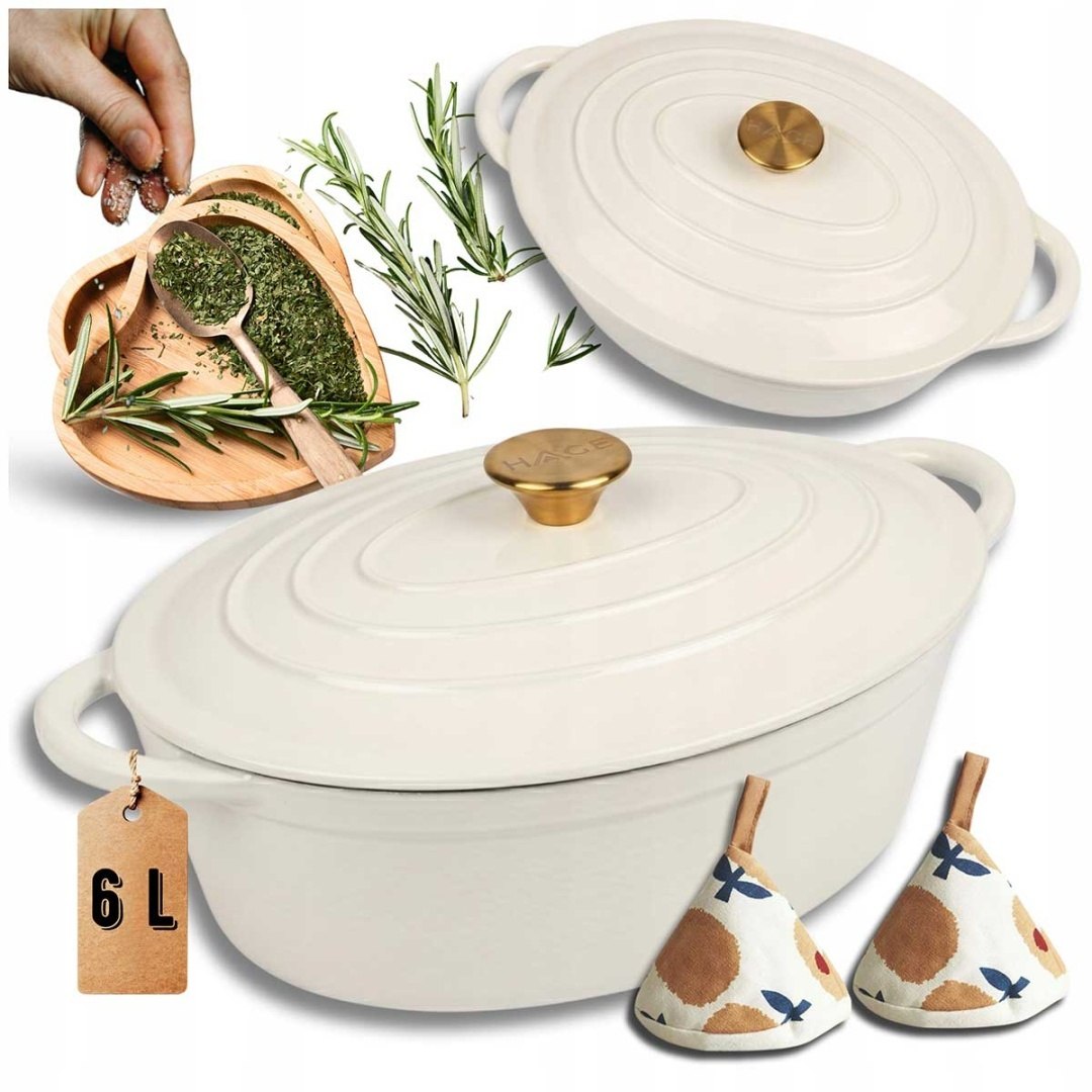 ENAMELLED CAST IRON PAN GOOSEBERRY 6L HAGE CREAM