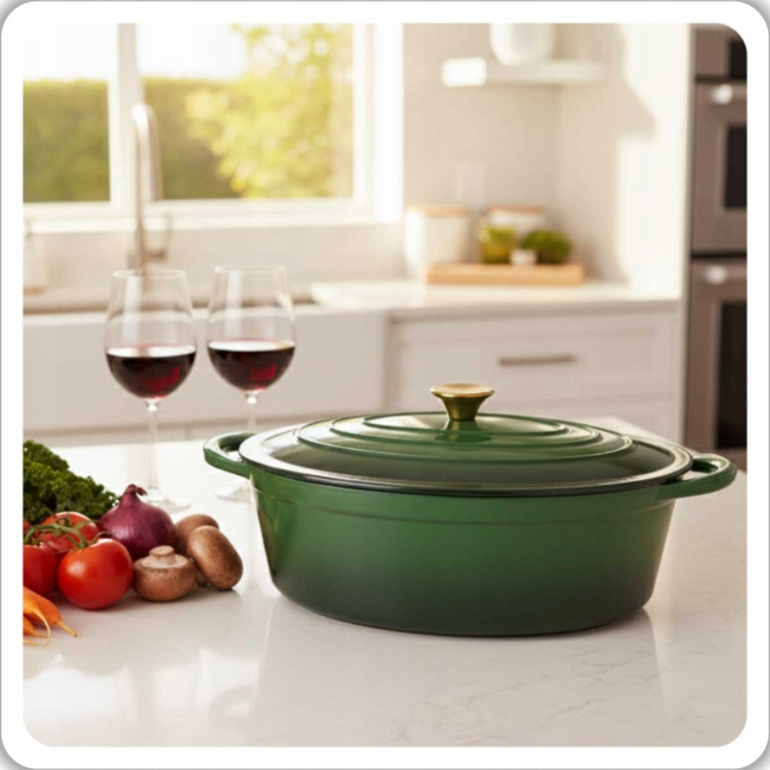 ENAMELLED CAST IRON PAN GOOSEBERRY 6L HAGE GREEN Packaging status original