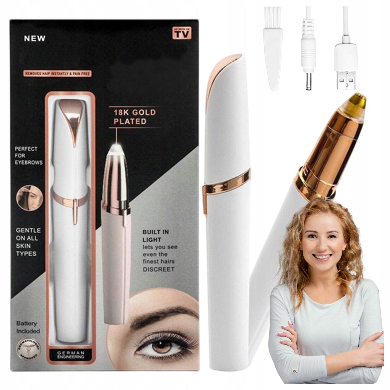 EPILATOR TRIMMER EYEBROW AND FACE TRIMMER FLAWLESS BROWS USB LED LIGHT