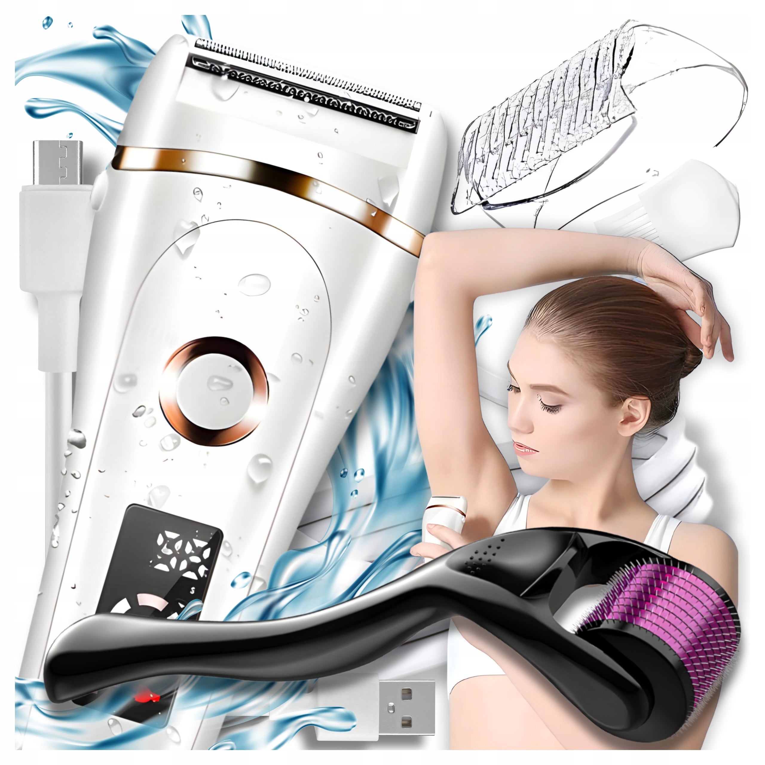EPILATOR WOMEN'S ELECTRIC RAZOR + ROLLER MASSAGER WITH NEEDLES
