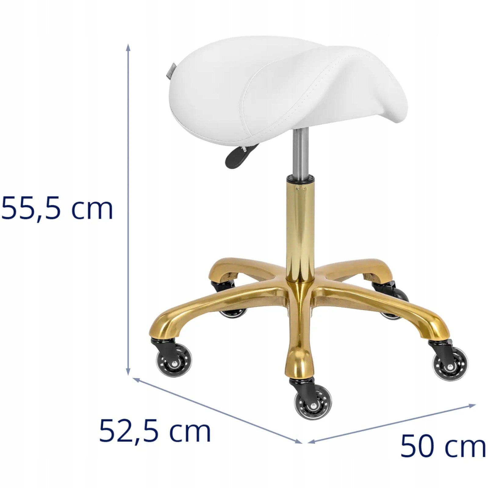ERGONOMIC SADDLE CHAIR UP TO 150 KG WITH WHEELS WHITE AND GOLD PHYSY