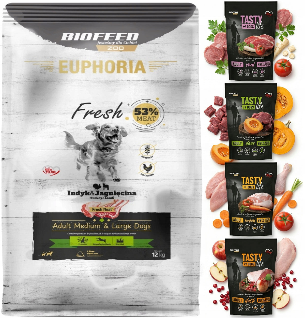 EUPHORIA FRESH MEAT Dog food TURKEY with LAMB M/L 12kg + 4x SACHET