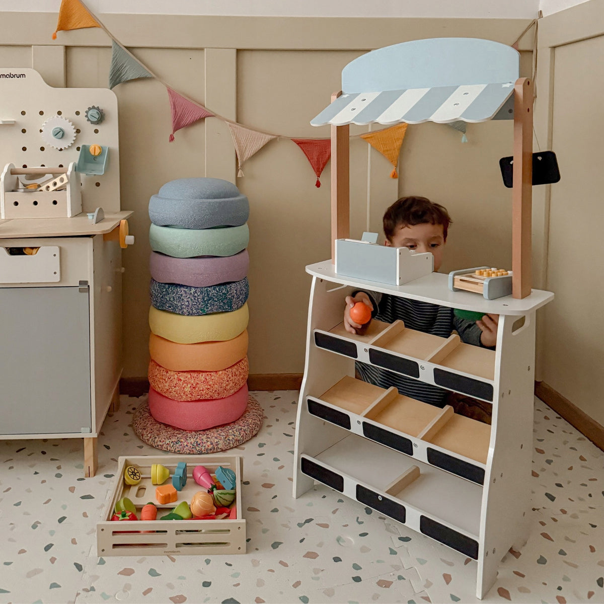 Educational Children's Toy Wooden Stall with Cash Register and Terminal Packaging status original