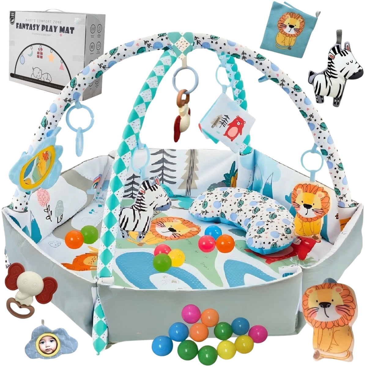 Educational Mat Soft Large Interactive 4in1 Toys Ball Pillow Teether