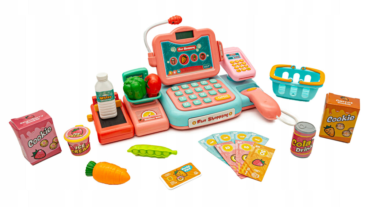 Educational Shop Cash Register Fiscal Weight Basket Coin Code Reader Microphone Color pink