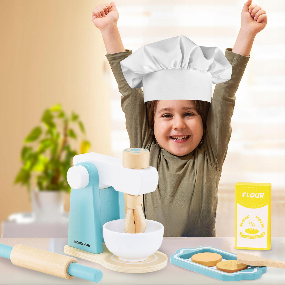Educational Toy WOODEN MIXER BLENDER FOOD PROCESSOR FOR KIDS 3+ Color blue