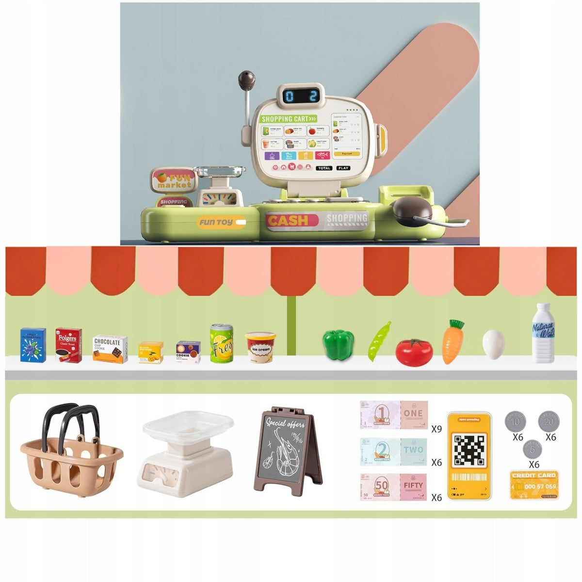Educational Toy for Kids Shop Cash Register Fiscal Weight Scanner Microphone+30el Manufacturer code Kasa Fiskalna Edukacyjna 6736
