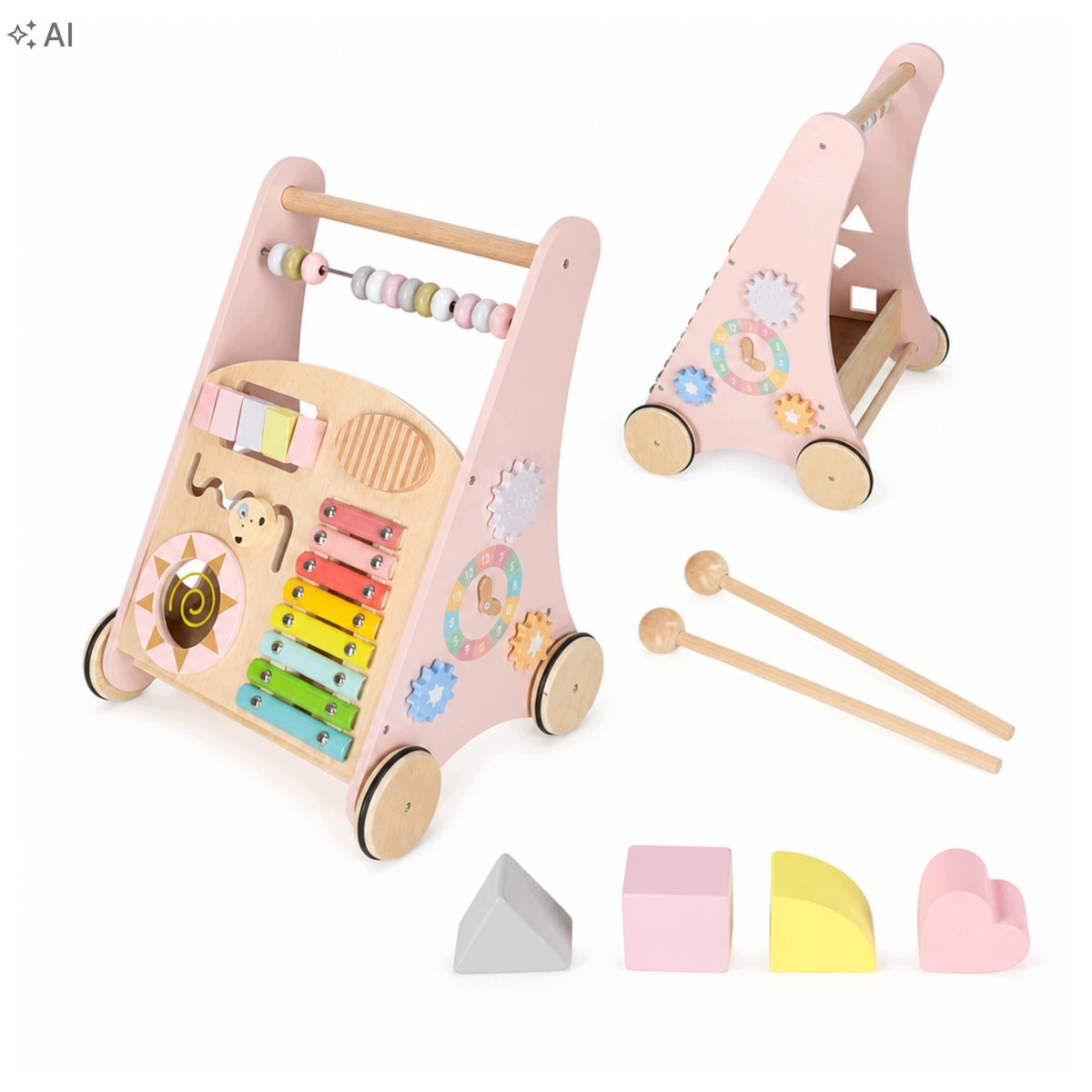 Educational Wooden Walker with Abacus and Blocks Pink 12m+