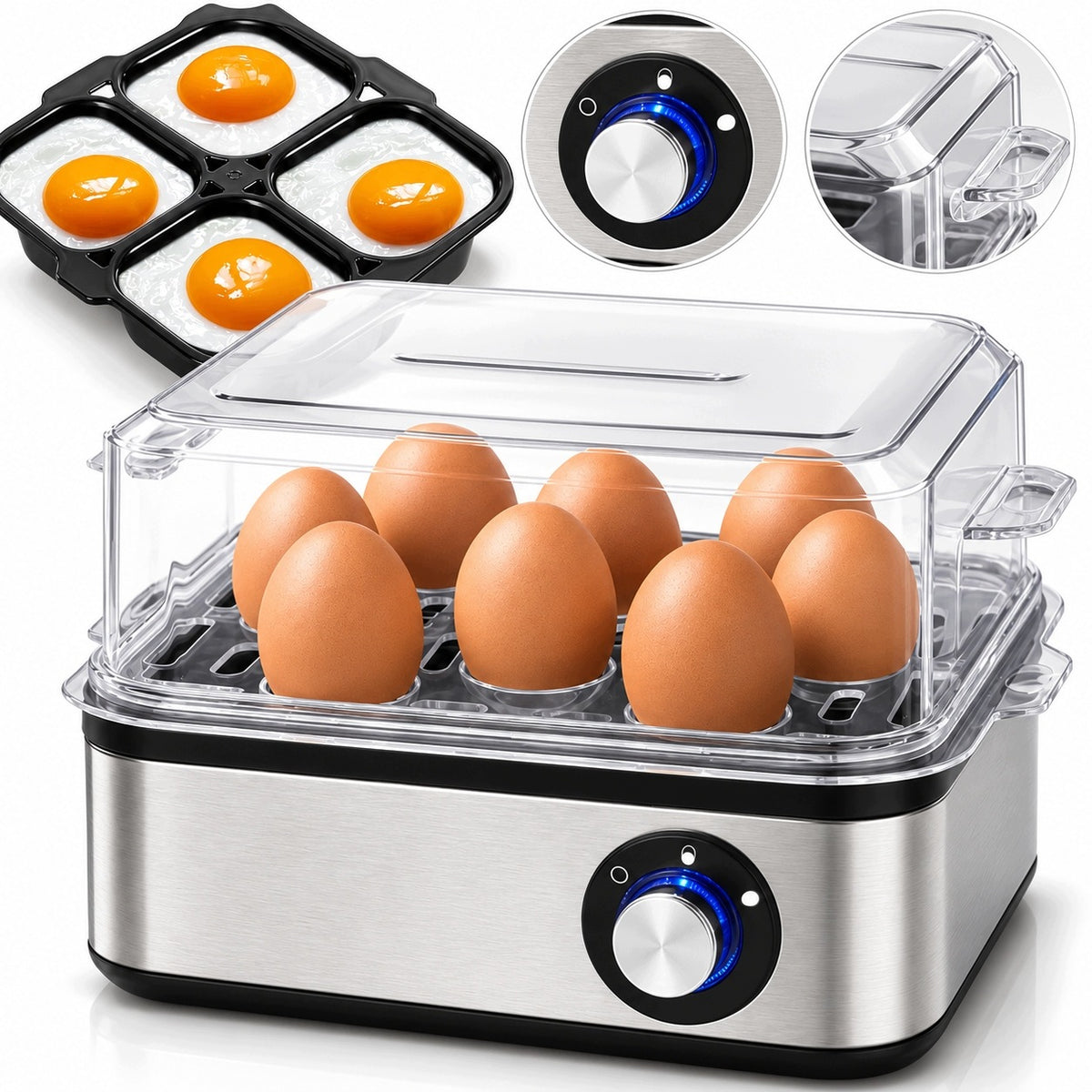 Egg cooker for 8 eggs 500 W 3 degrees auto shut off beep