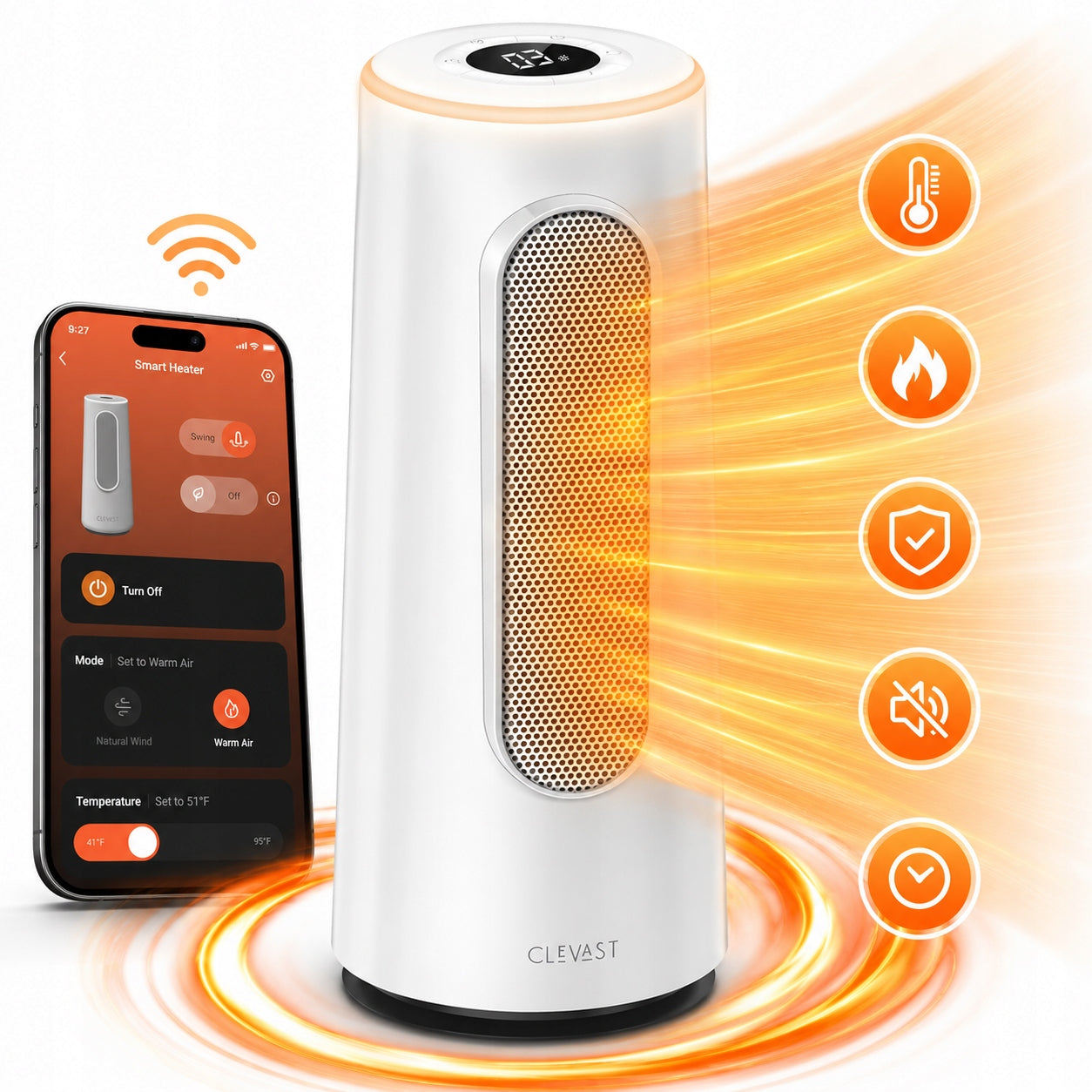 Electric Ceramic Heater Energy Efficient 1500W Oscillating Timer 12h