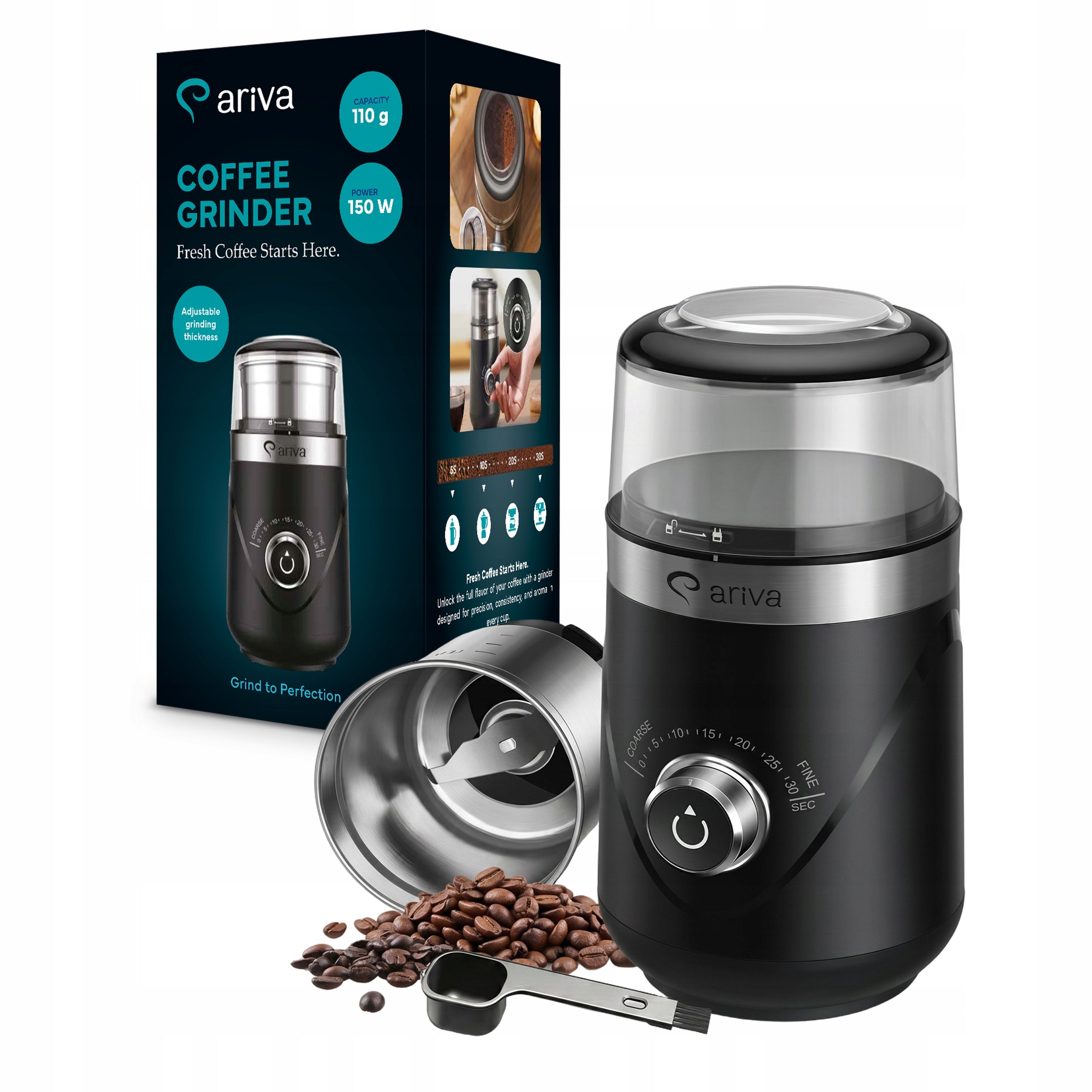 Electric Coffee Grinder Ariva Grinding Adjustment Steel Blades 150W