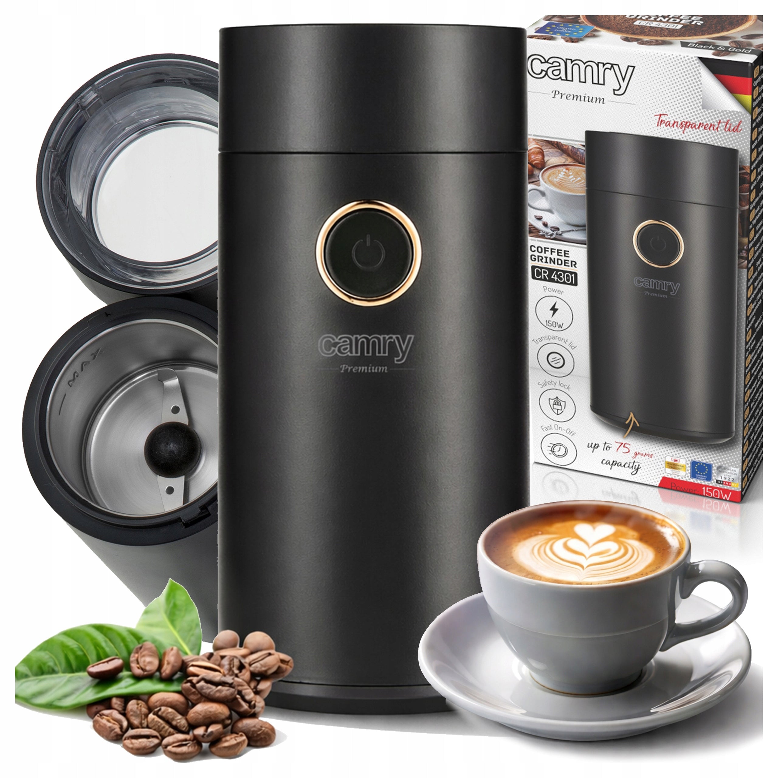Electric Coffee Grinder Strong Metal Black Container 150W