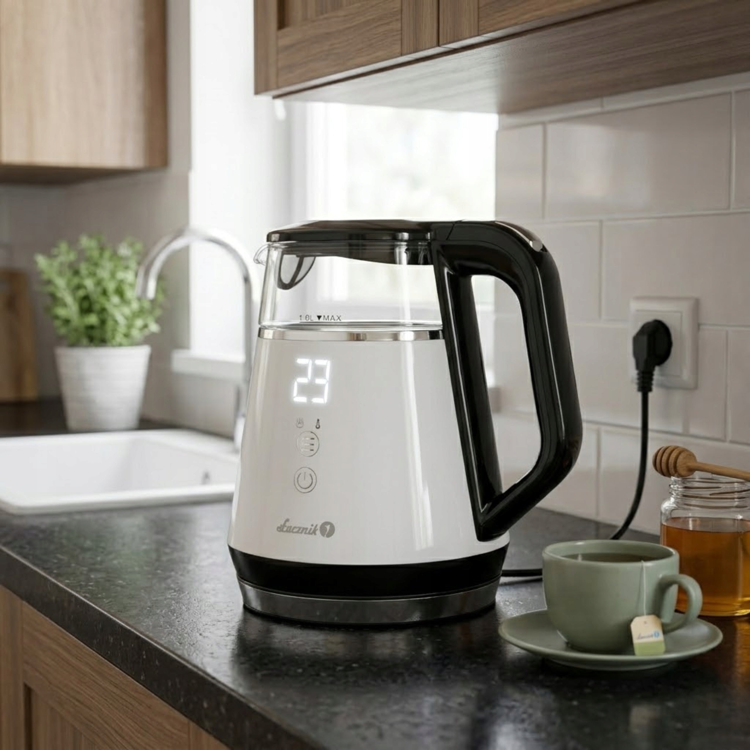Electric Glass Kettle with Temperature Control ŁUCZNIK 1L Small White Packaging status original