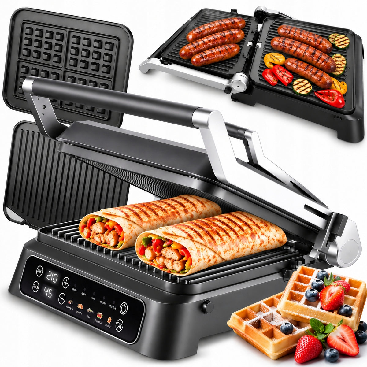 Electric Grill Toaster Panini 2200W + Time and Temp Programmer + WAFFLES