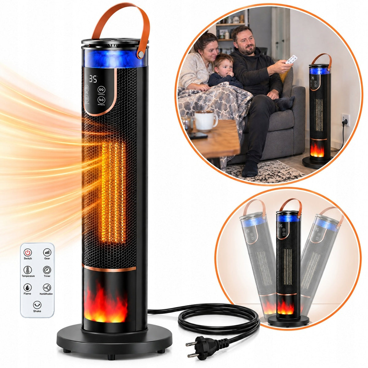 Electric Heater Column Fan with Fireplace Pilot 2000W LED