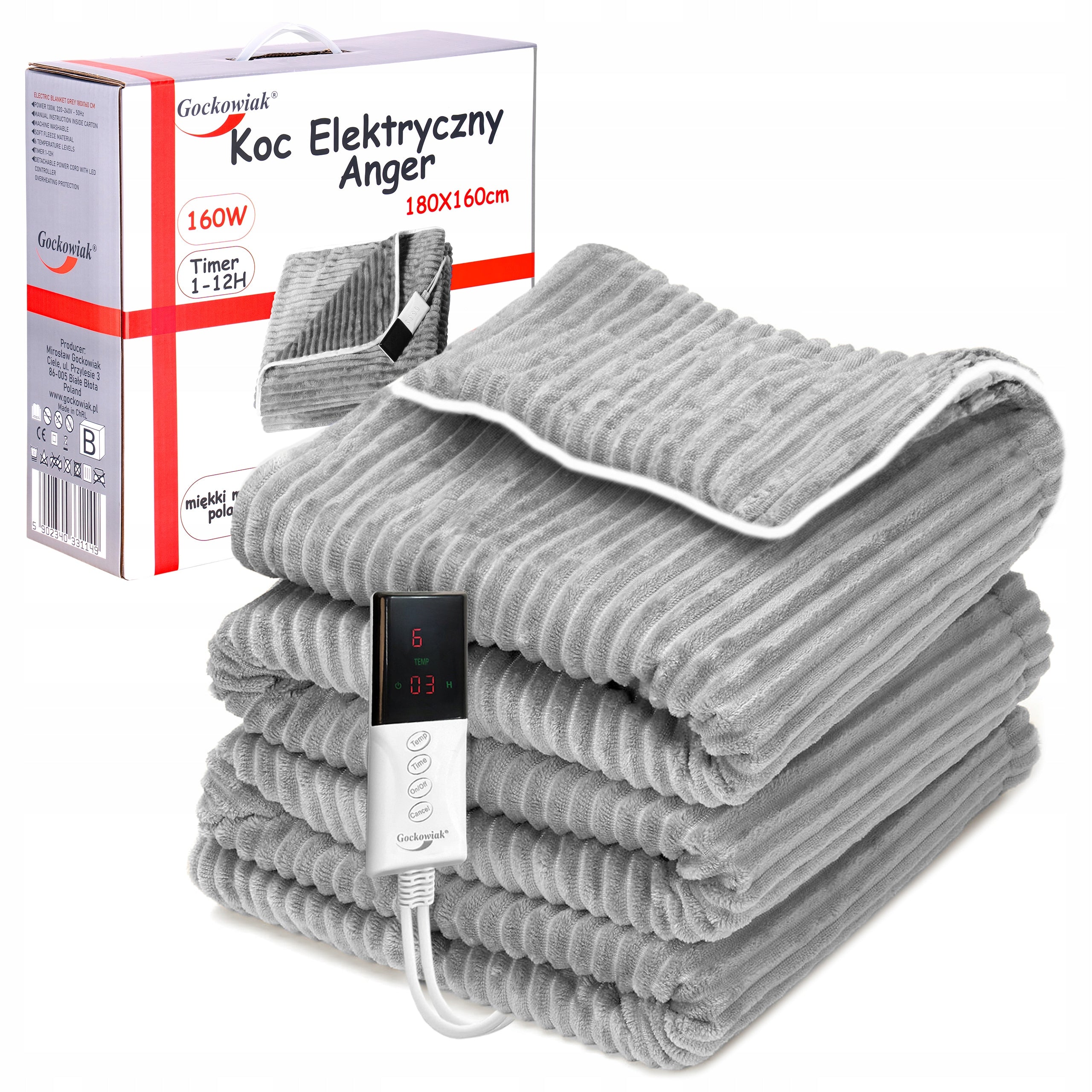 Electric Heating Blanket Large 180 cm Fleece Heating Mat 160W + Remote Control Color gray