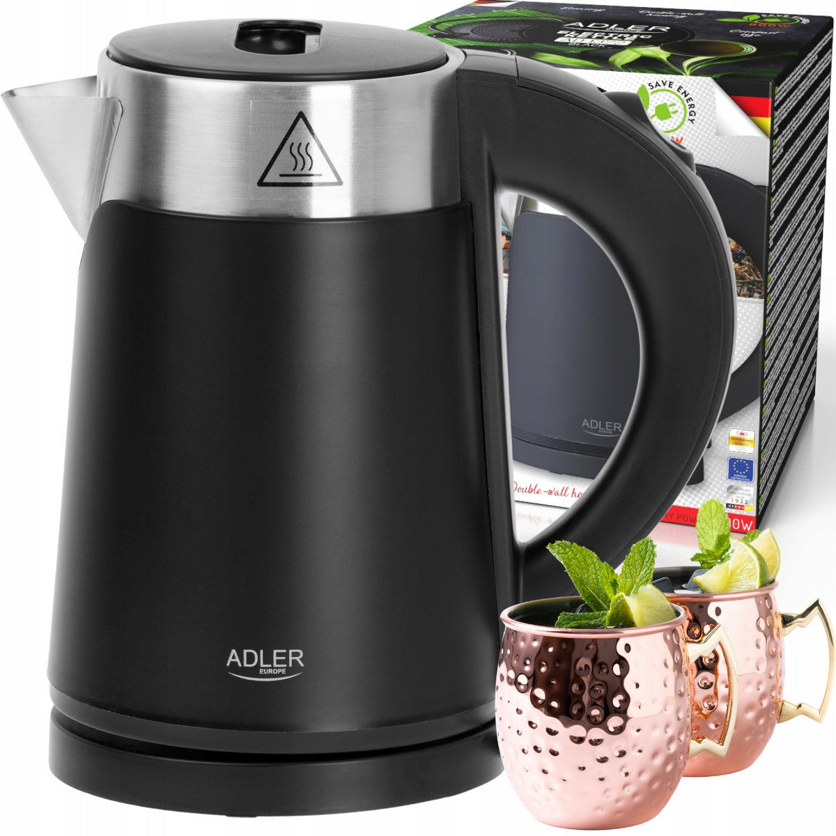 Electric Kettle 0,6L Metal Wireless Quiet Safe Black