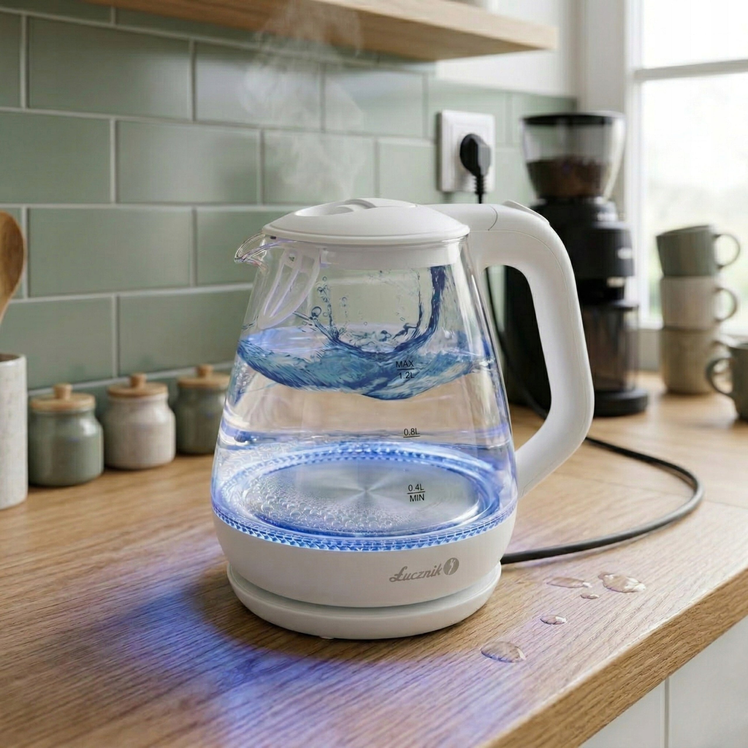 Electric Kettle Glass Small Tourist ŁUCZNIK 1,2L 1630W LED White Packaging status original