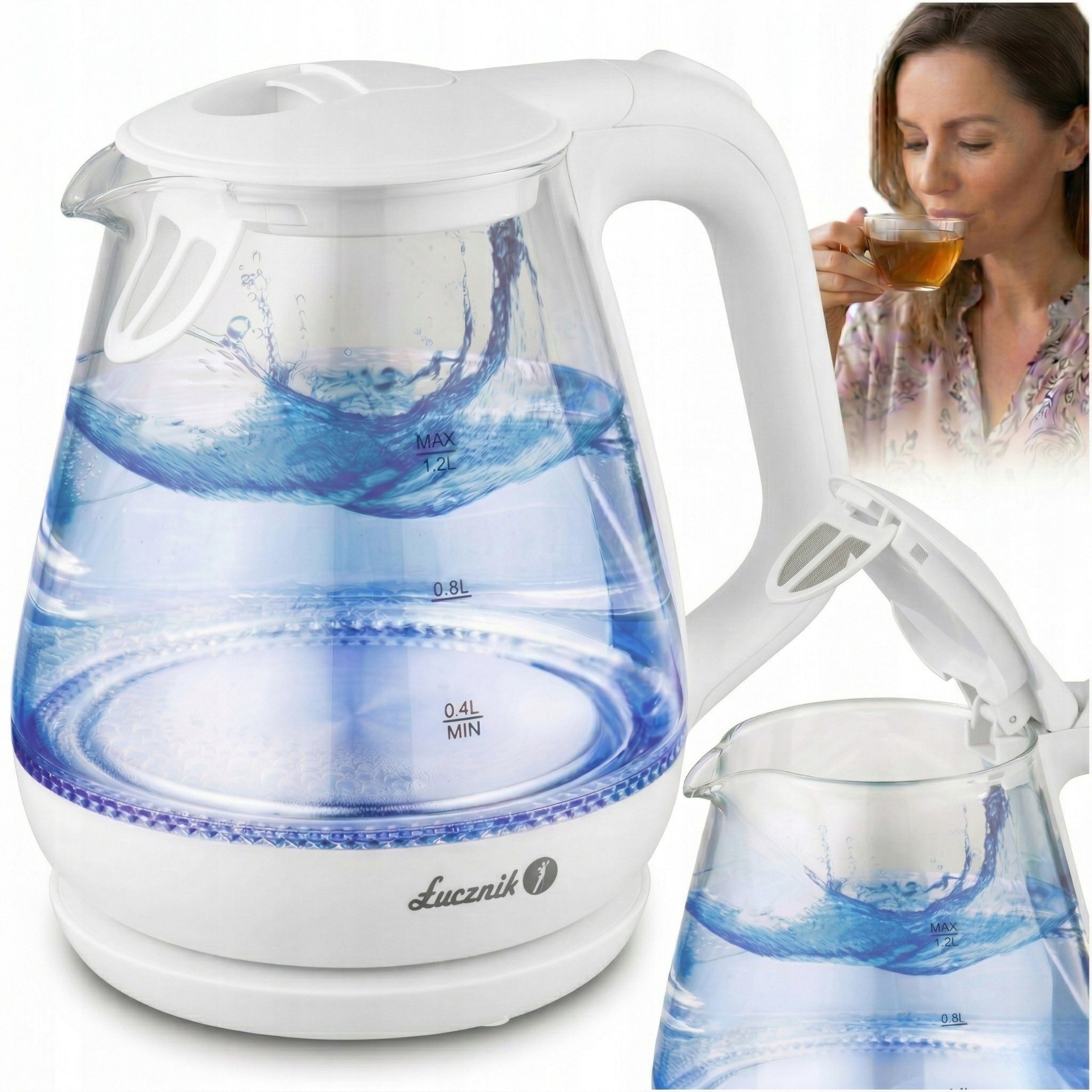 Electric Kettle Glass Small Tourist ŁUCZNIK 1,2L 1630W LED White