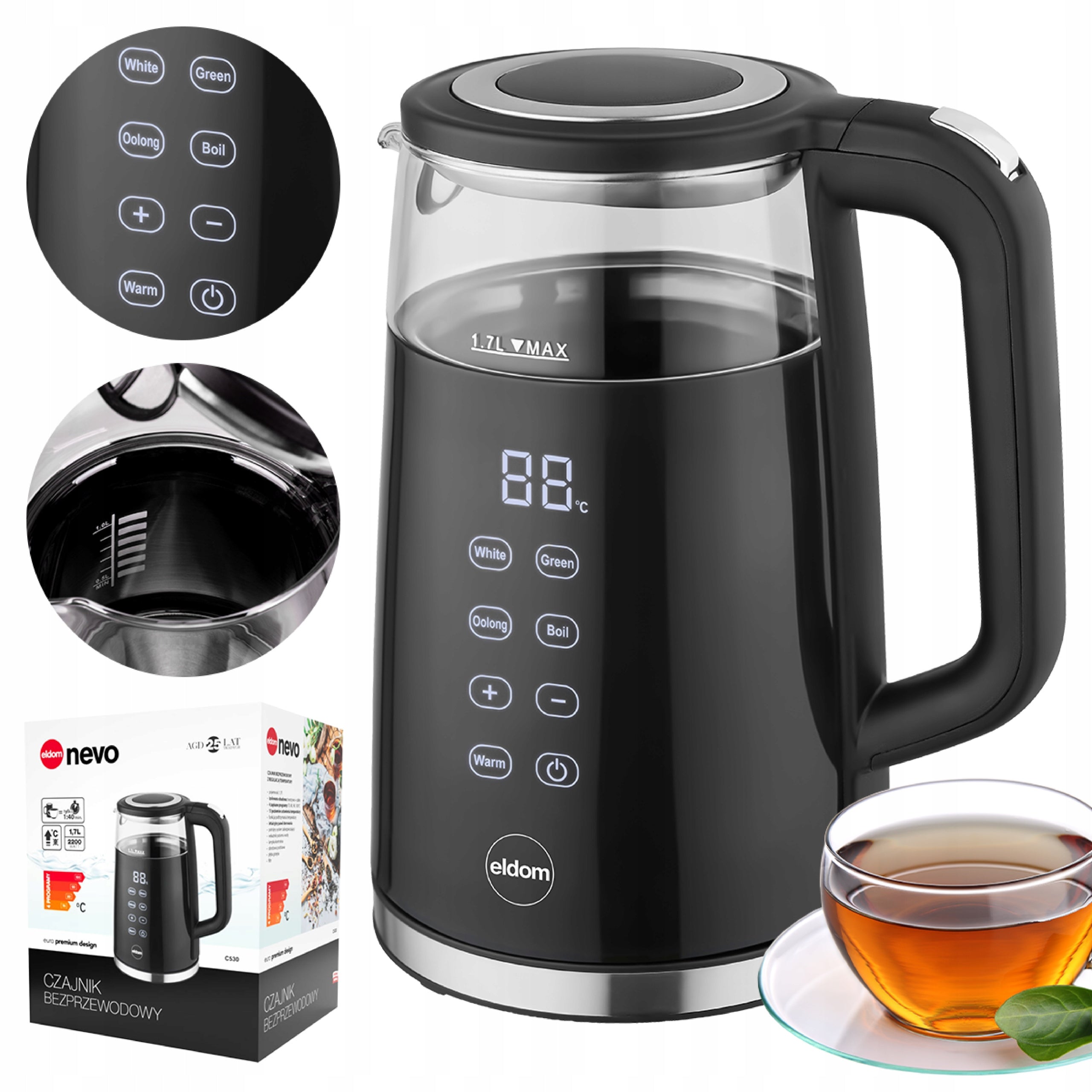 Electric Kettle Glass Wireless Adjustable 2200w 1,7l C530 LED