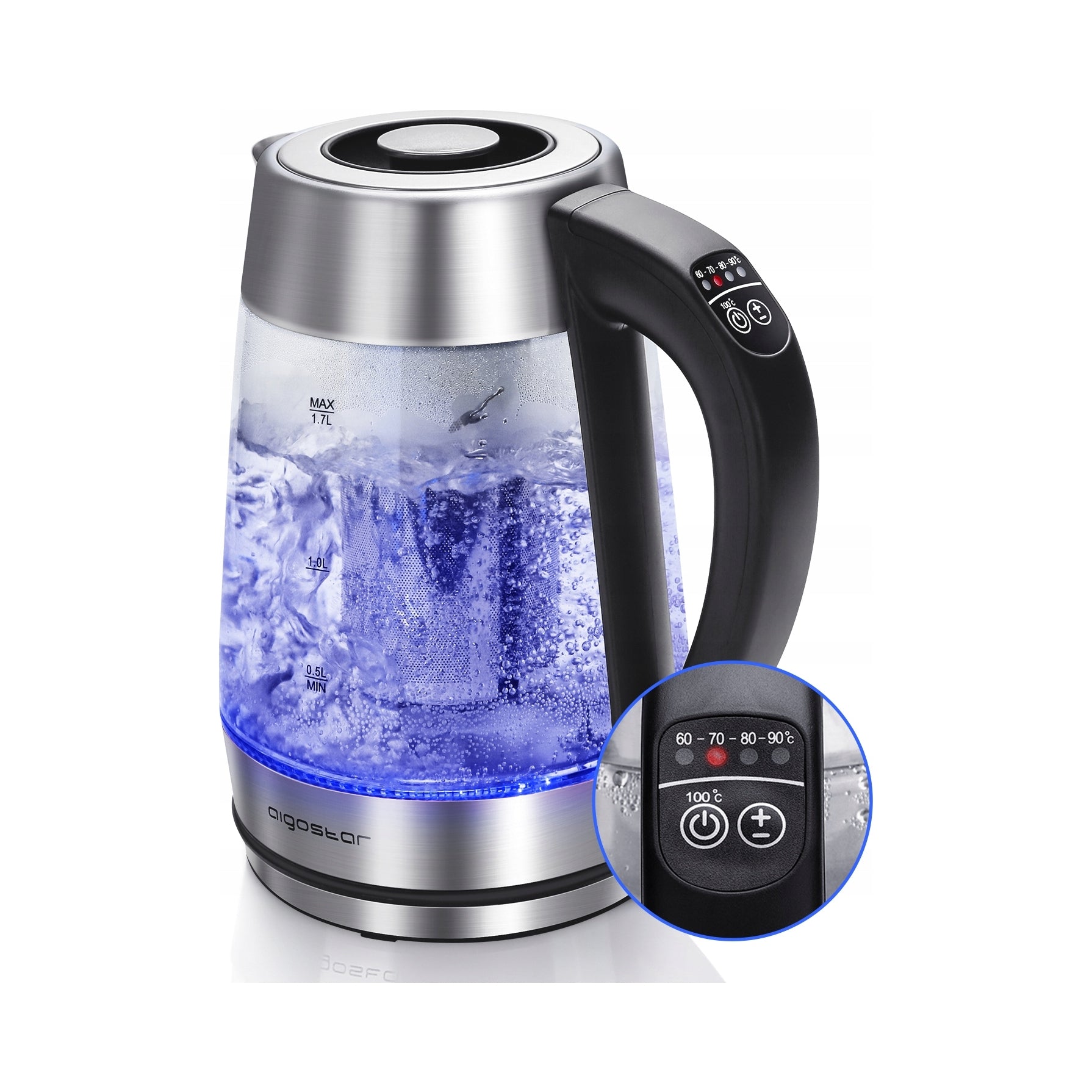 Electric Kettle Glass with Adjustable Temperature 1,7L 2200 W Silver Manufacturer code 300104OSU