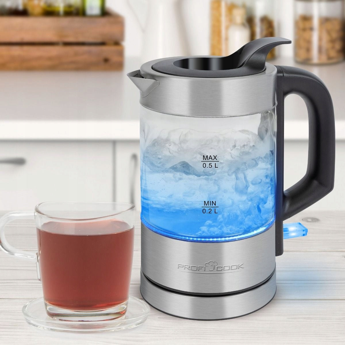 Electric Kettle Small 0,5L 1100W Glass Travel LED ProfiCook Manufacturer code 501228