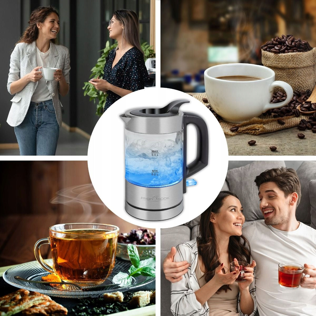 Electric Kettle Small 0,5L 1100W Glass Travel LED ProfiCook Packaging status original